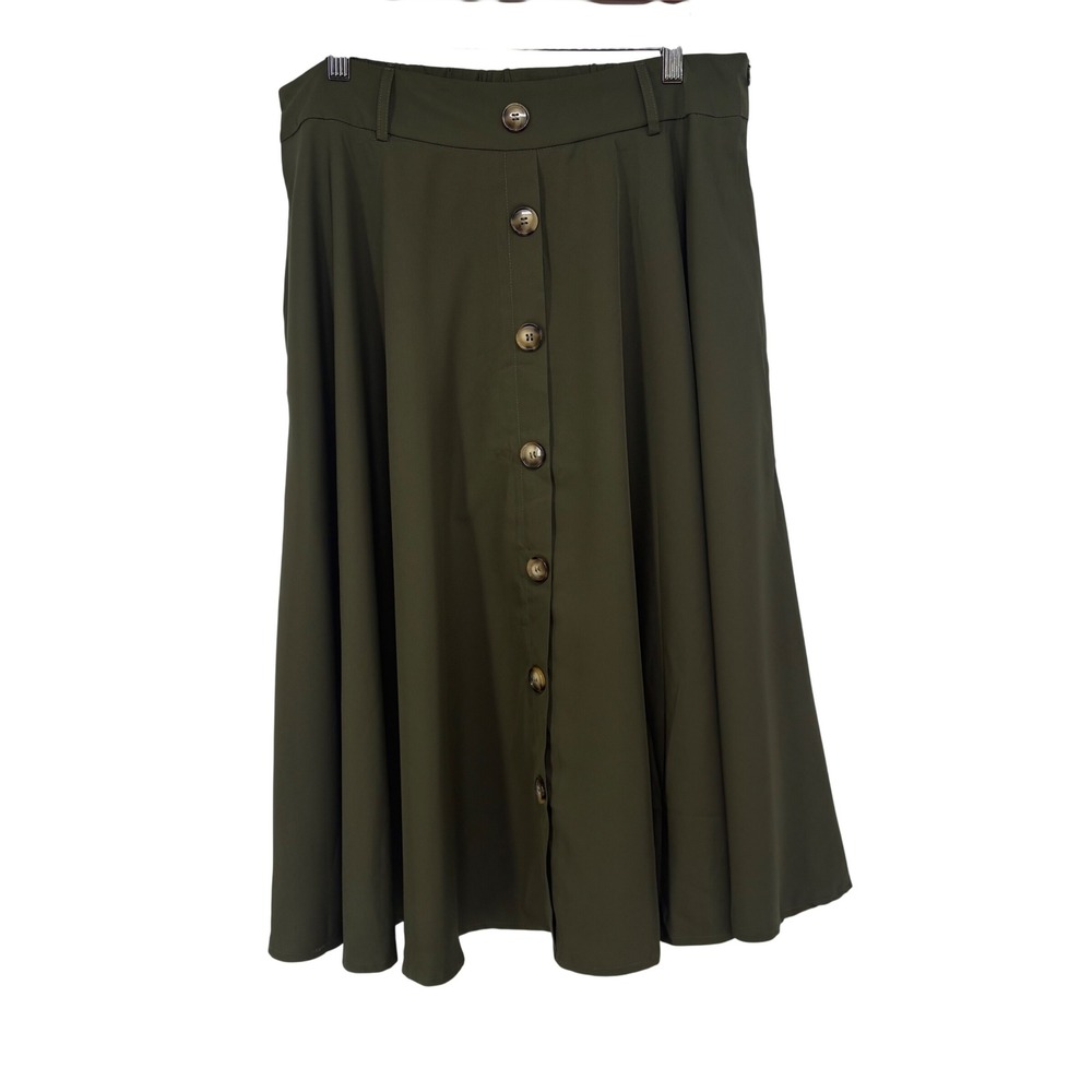Belle Poque Olive Green Button Front A-Line Midi Skirt XL Elastic Retro Stretch